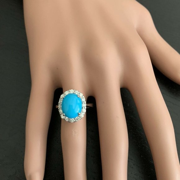 7.65Ct Natural Turquoise & Diamond 18KW Gold Ring